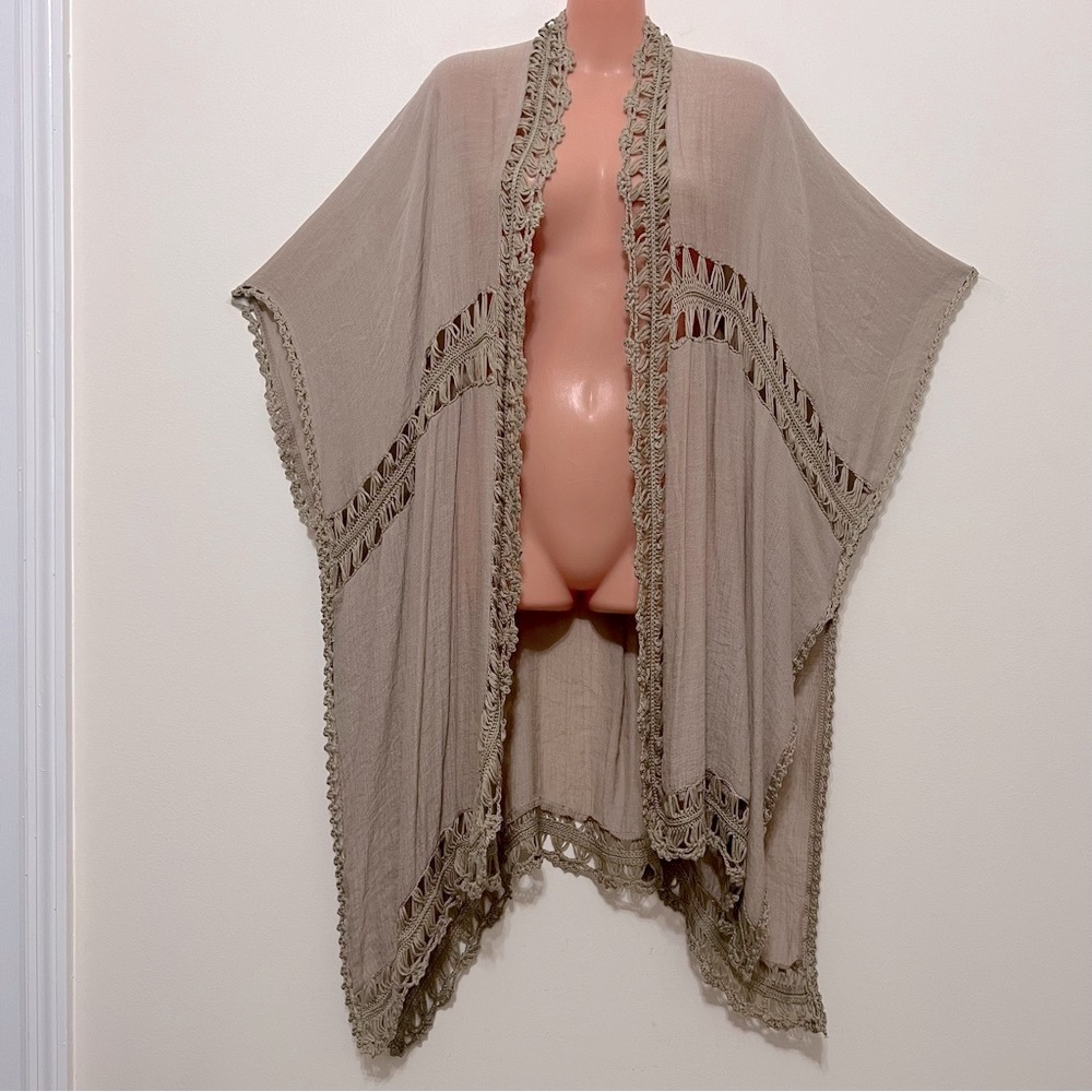 Soft Surroundings Taupe Open Front Cardigan Crochet Boho Gypsy